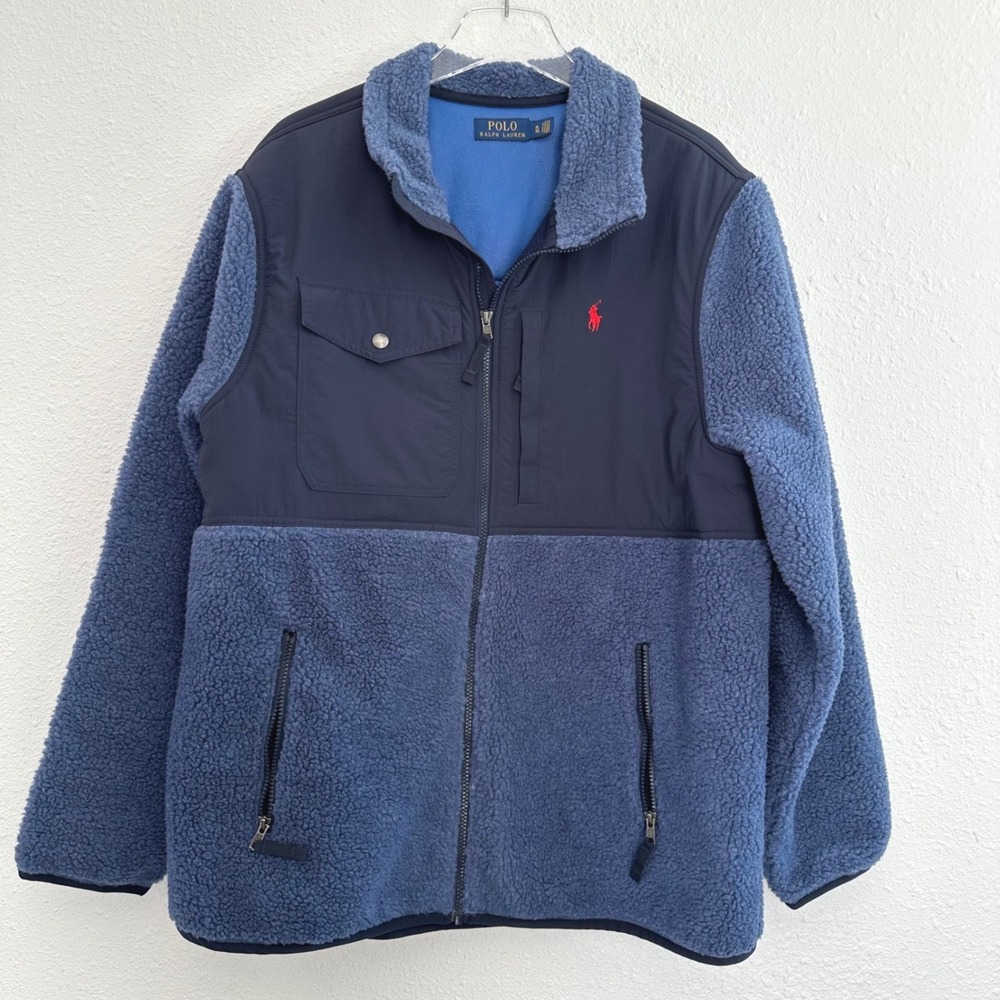Polo Ralph Lauren Hybrid Fleece Jacket Men XL Blue Sherpa Full Zip Preppy Cabin